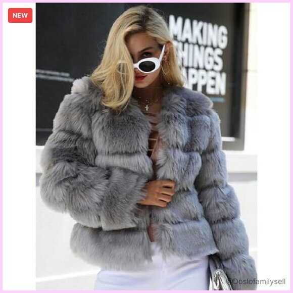 Faux Fur Cropped Puffer Jacket Winter Warm Fluffy Chic Minimal Elegant - Picture 4 of 6